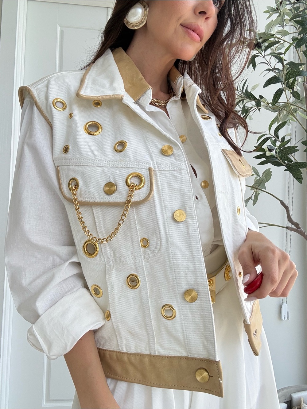Vintage Cache Denim Set with Gold Grommet Studs Accents & removable leather trim